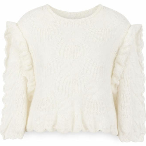 David Emanuel Womens Ivory Round Neck  Acrylic Pullover Jumper Size M   - Lace Like knit Ruffled edges