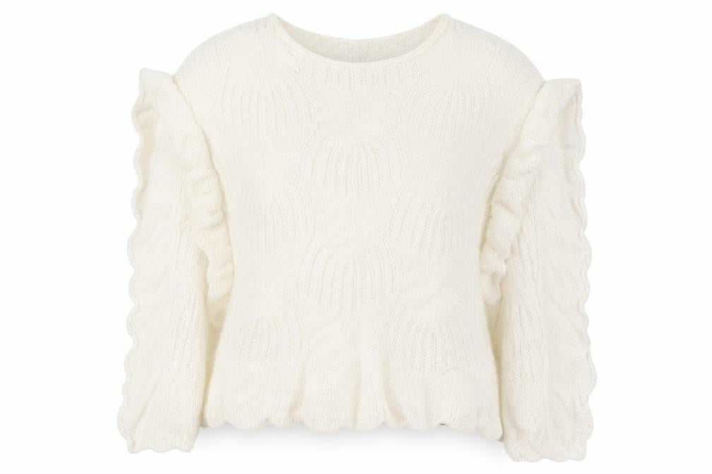 David Emanuel Womens Ivory Round Neck  Acrylic Pullover Jumper Size M   - Lace Like knit Ruffled edges