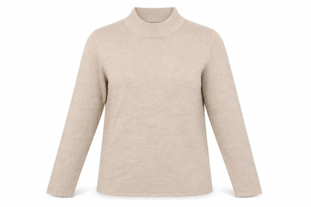 Front view of Preworn women’s beige high neck acrylic jumper, size M