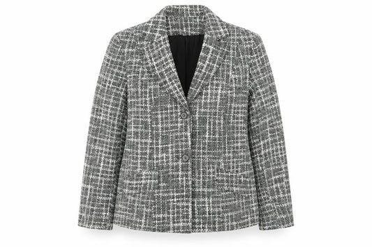 Front view of Classics women’s green check jacket, size UK 14, button - green mix heavy hessian like fabric