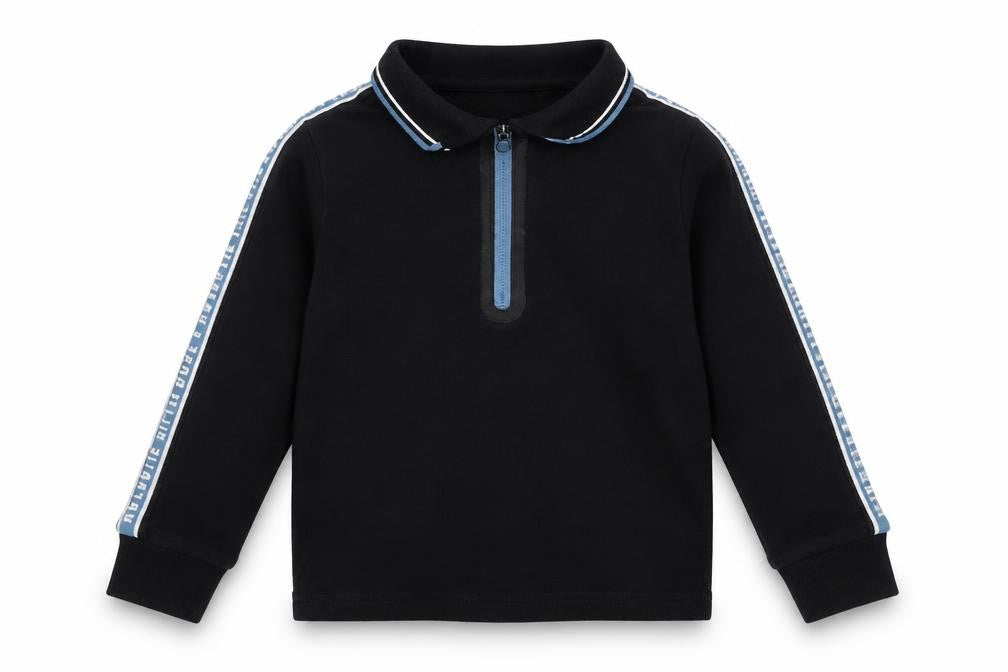 Front view of George Baby Black Cotton Basic Polo, size 12-18, Months Collared Zip