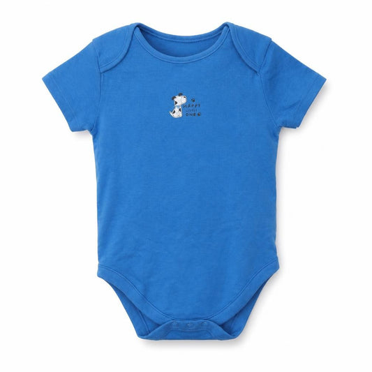 Front view of Pep&Co Baby Blue Cotton Romper One-Piece, size 18-24, Months Snap - Puppy