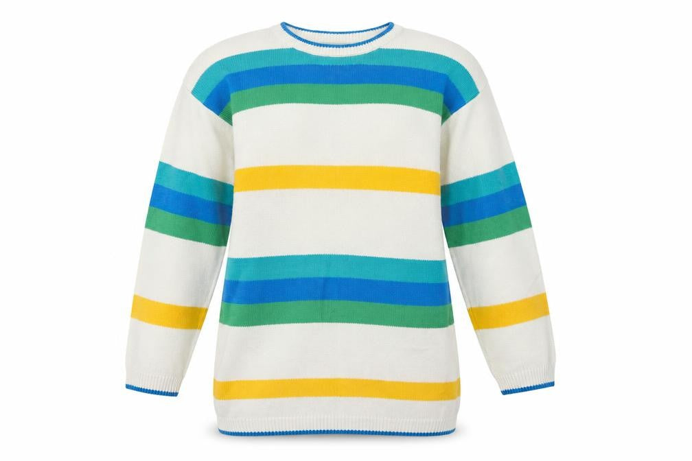Front view of BHS women’s multicoloured crew neck striped cotton jumper, size UK 12
