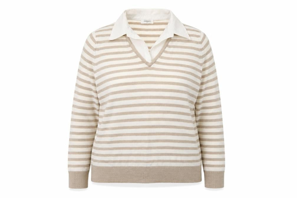 Front view of Editions women’s beige collared striped acrylic jumper, size UK 18