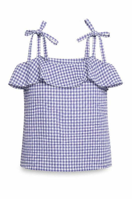 Front view of Next women’s multicoloured check polyester basic t-shirt, size UK 6, square neck
