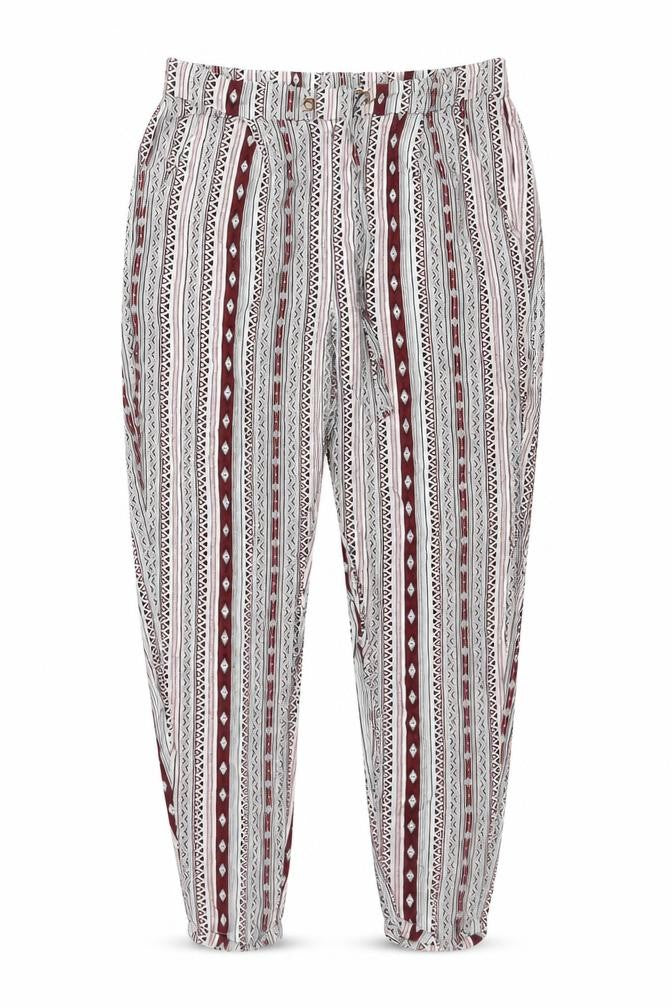 Front view of Atmosphere women’s multicoloured geometric viscose bloomer trousers, size UK 12, 27-inch leg regular