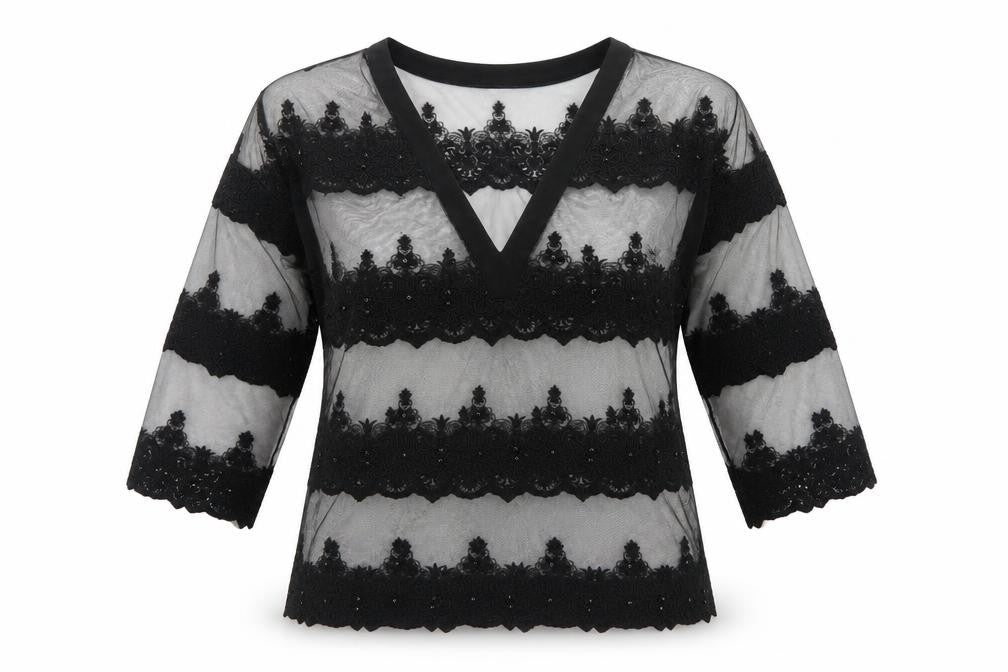 Front view of Next women’s black floral basic t-shirt, size UK 12, v-neck