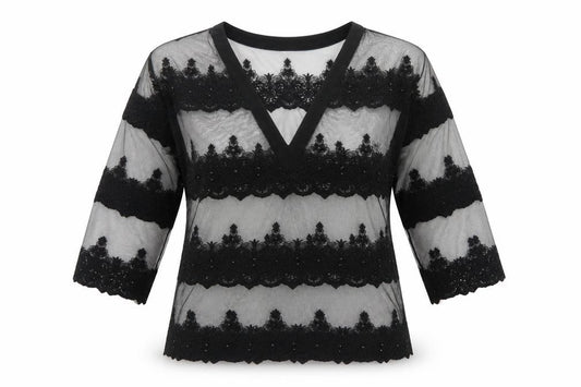 Front view of Next women’s black floral basic t-shirt, size UK 12, v-neck