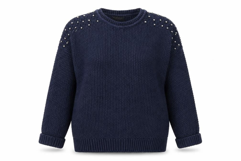Front view of Topshop women’s blue crew neck cotton jumper, size UK 10