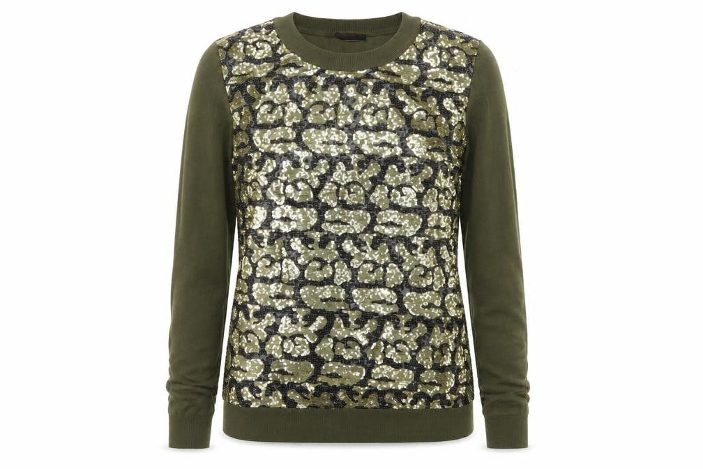 Front view of Yes Miss women’s multicoloured round neck camouflage cotton jumper, size S