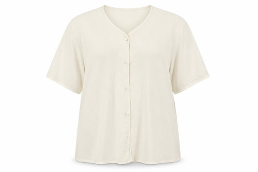 Front view of Berkertex women’s ivory polyester basic button-up, size UK 18, round neck