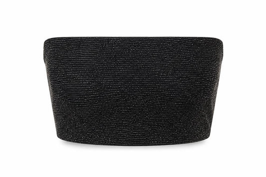 Front view of Boohoo women’s black nylon basic blouse, size UK 14, off the shoulder - bandeau