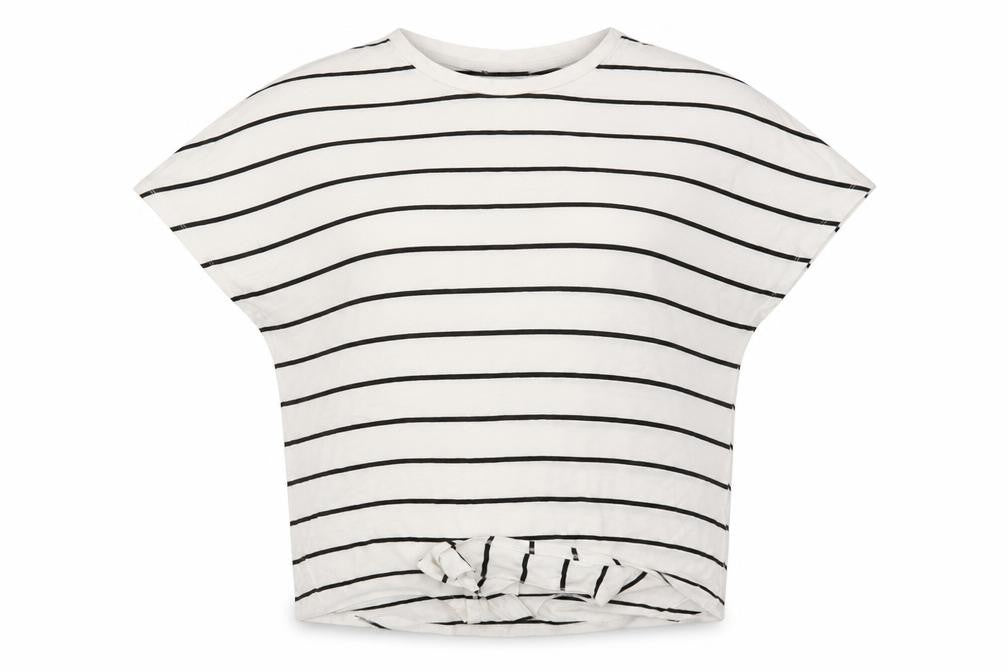 Front view of New Look women’s white striped viscose basic blouse, size UK 10, round neck