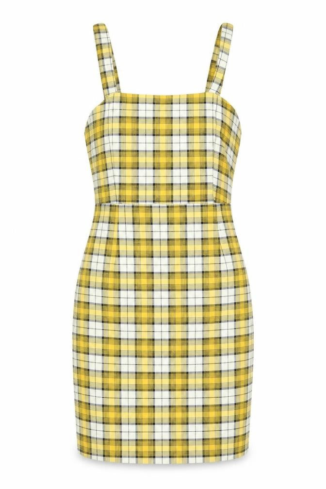 Front view of H&M women’s yellow check polyester bodycon, size UK 10