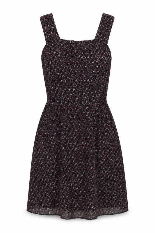Front view of Love women’s blue geometric polyester fit & flare, size M, scoop neck zip - anchor print