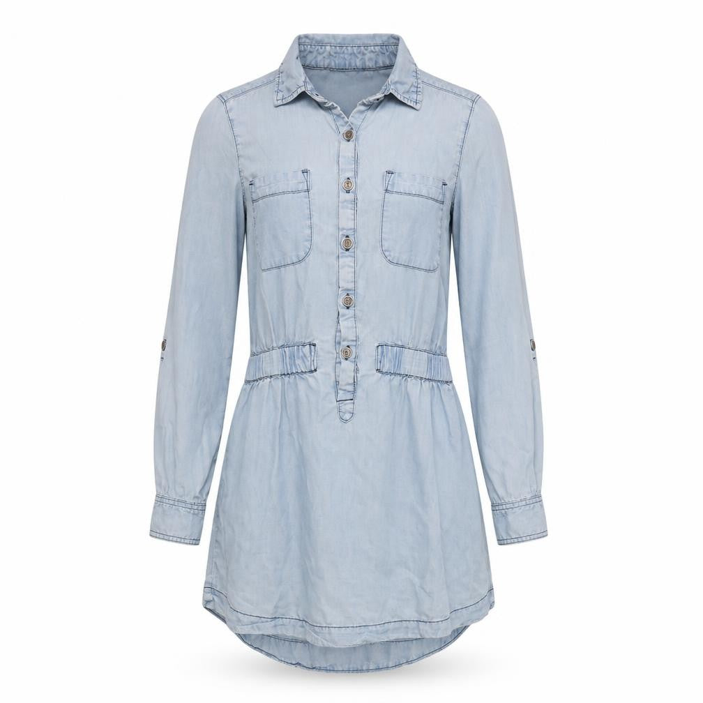 Front view of Tractor women’s blue lyocell basic button-up, size S, collared