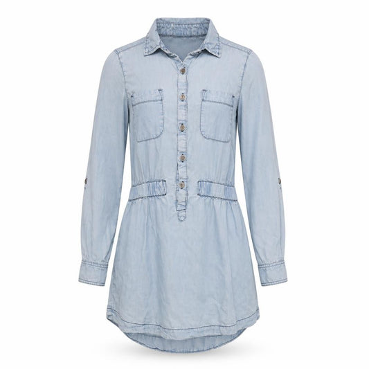 Front view of Tractor women’s blue lyocell basic button-up, size S, collared