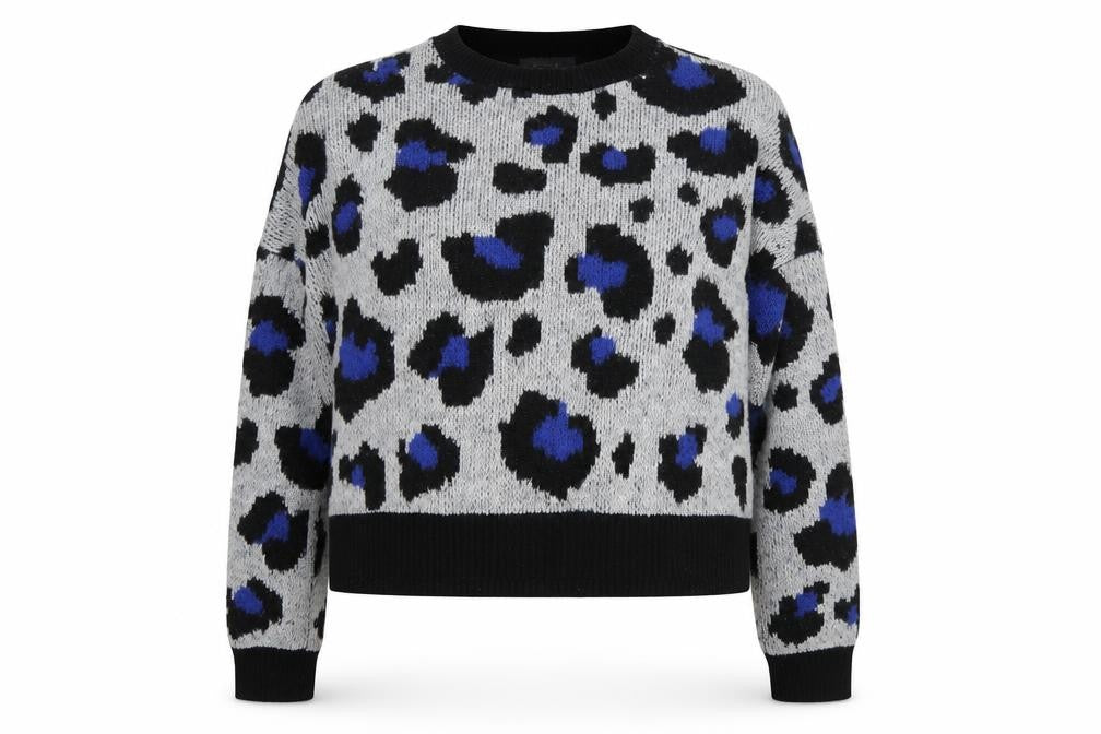 Front view of Primark women’s multicoloured round neck camouflage acrylic jumper, size XS