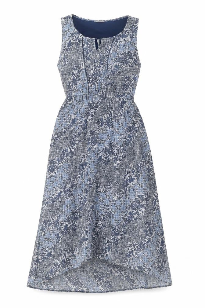 Front view of Indigo women’s blue geometric polyester a-line, size UK 10, round neck