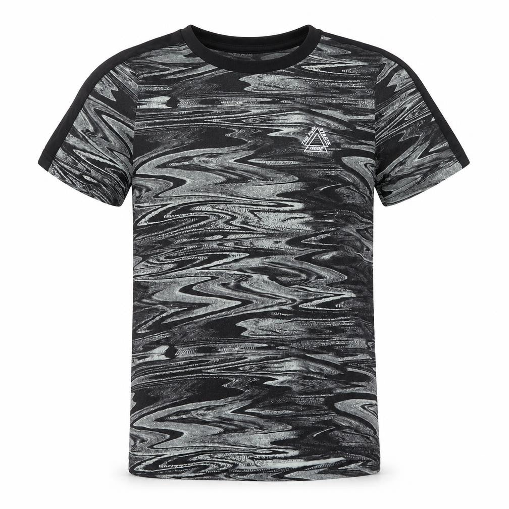 Front view of Nutmeg boys’ grey geometric cotton basic t-shirt, size 9-10, years roll neck