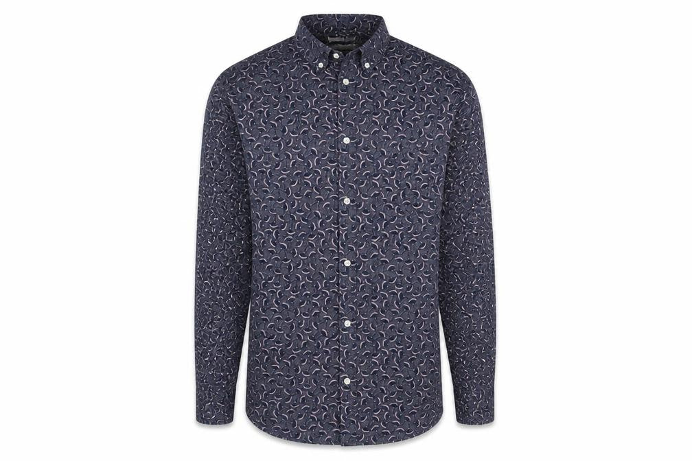 Front view of H&M men’s blue floral cotton button-up, size S, collared