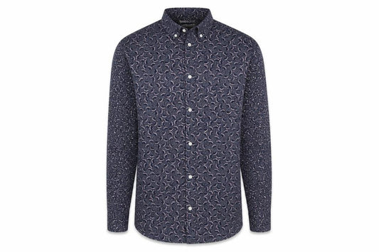 Front view of H&M men’s blue floral cotton button-up, size S, collared