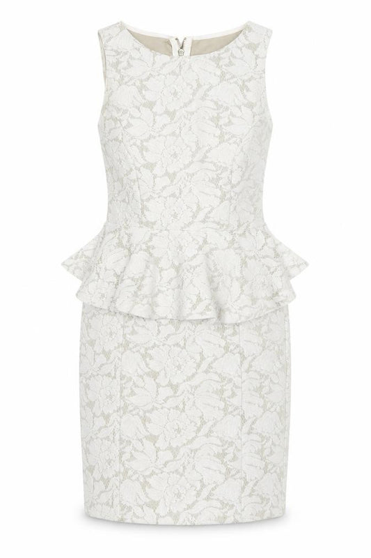 Front view of Warehouse women’s multicoloured floral polyester pencil dress, size UK 10, round neck