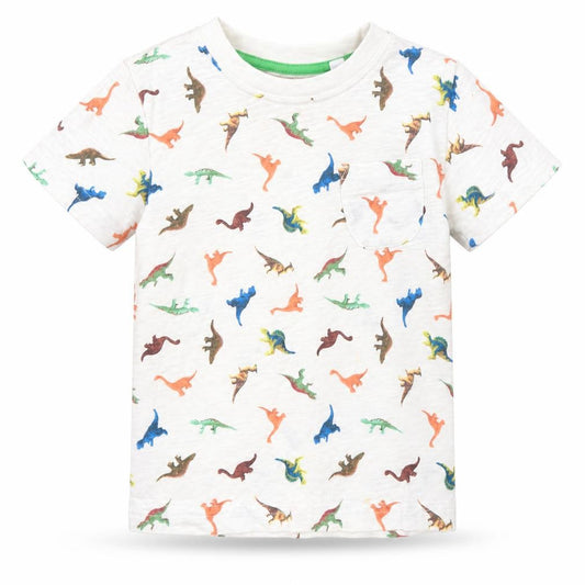 Front view of Next girls’ white animal print cotton basic t-shirt, size 9-12, months round neck - dinosaurs