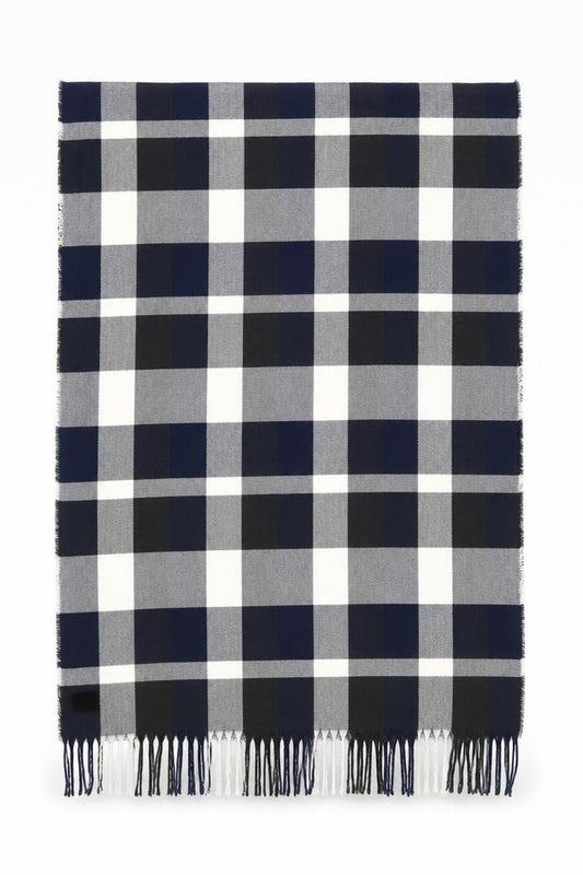 Front view of Plush women’s blue check polyester shawl/wrap - blue black grey check