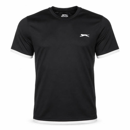 Front view of Slazenger men’s black animal print polyester basic t-shirt, round neck pullover - slazenger coolpass white trim