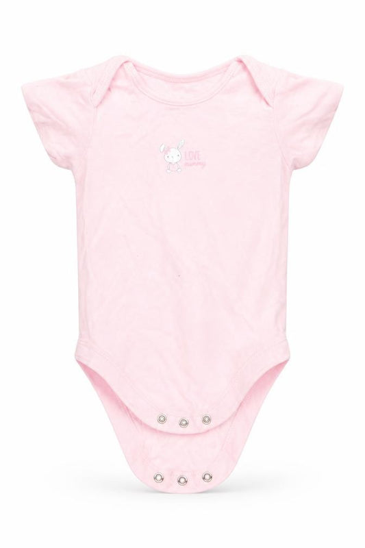 Front view of George girls’ pink animal print cotton romper one-piece, size 9-12, months snap - rabbit i love mummy pale pink