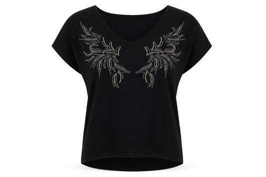 Front view of F&F women’s black geometric polyester basic blouse, size UK 10, v-neck