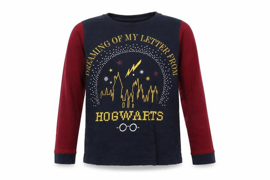 Front view of Nutmeg girls’ blue colourblock cotton top pyjama top, size 9-10, years - harry potter