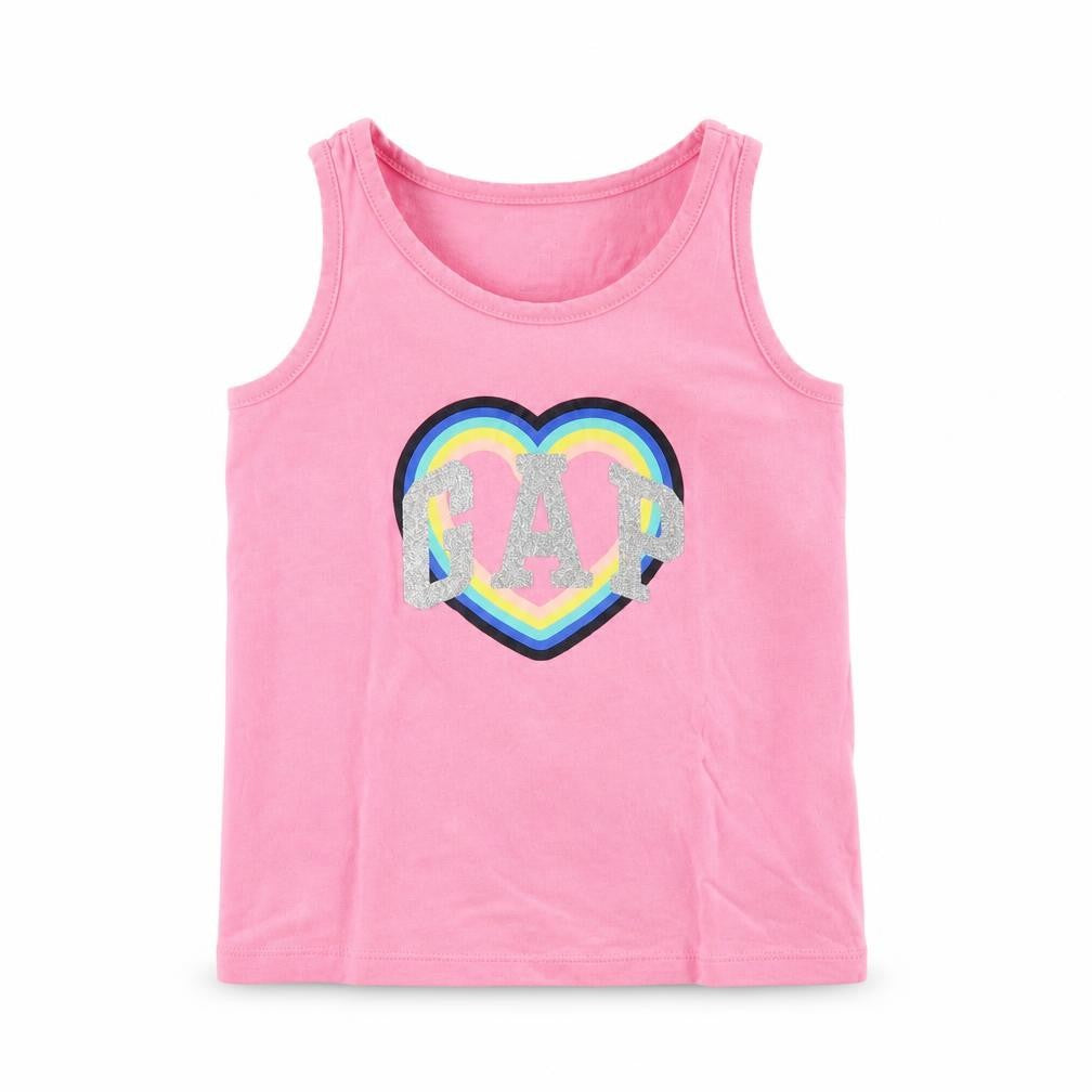 Front view of Gap girls’ pink cotton basic tank, size 5, years round neck