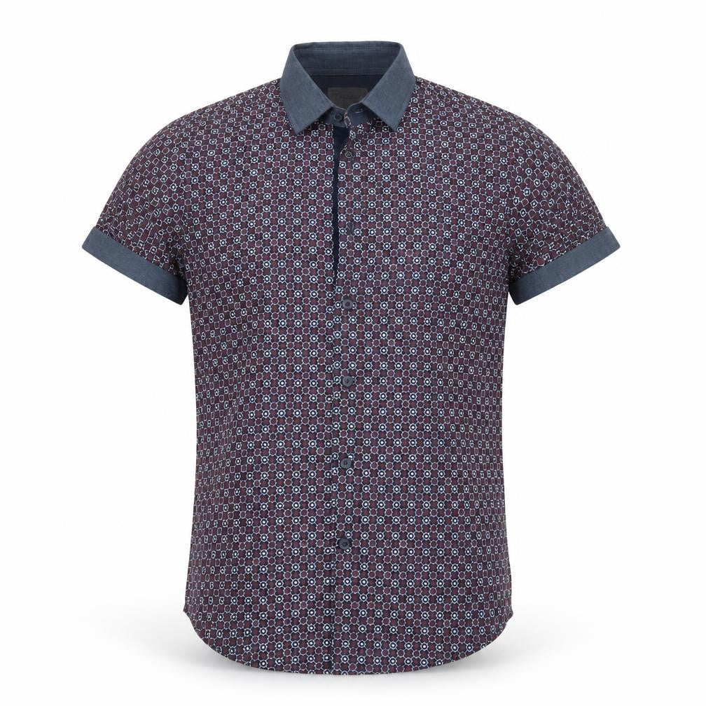 Front view of Twister soul men’s multicoloured geometric cotton button-up, size XS, collared