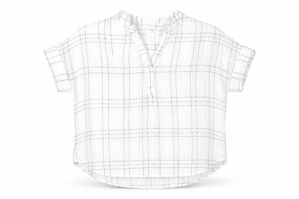 Marks and Spencer Mens White Plaid Flax  T-Shirt Size 14 Round Neck