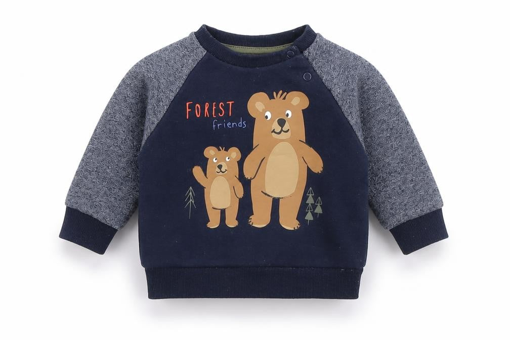 Front view of Primark Baby Blue Cotton jumper, size 6-9, Months - Forest Friends, Bears