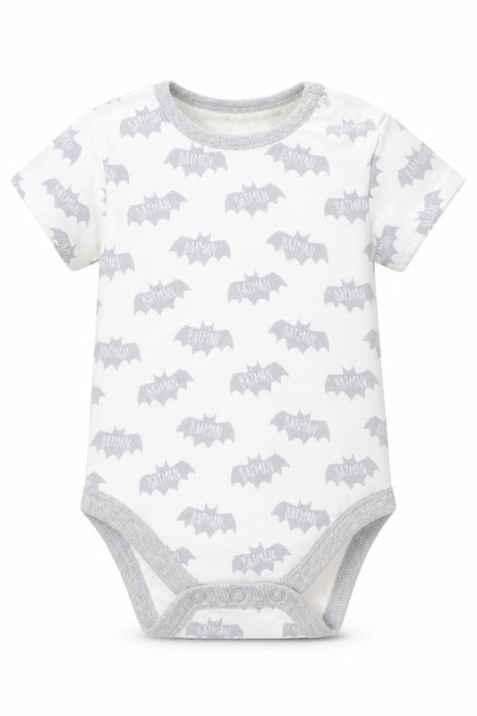 Front view of Batman boys’ white geometric cotton leotard one-piece, size 6-9, months - batman