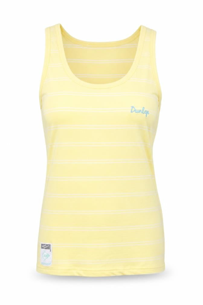 Front view of Dunlop women’s yellow striped cotton basic tank, size UK 12, round neck