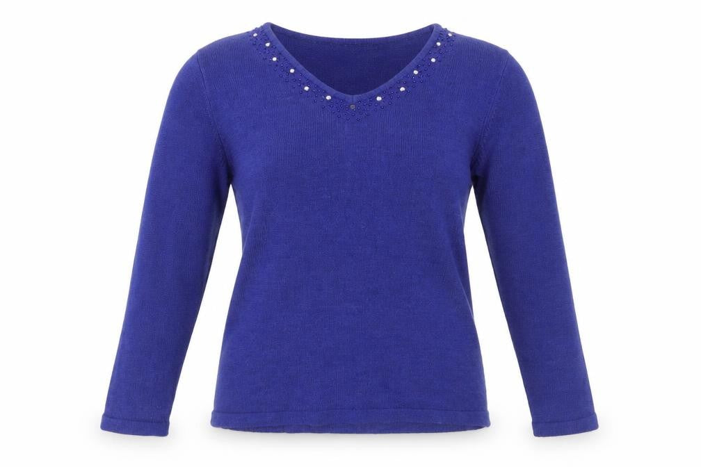 Front view of Isle women’s blue v-neck acrylic jumper, size M