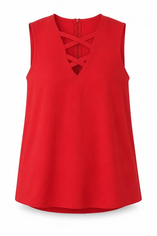 Front view of Select women’s red polyester basic blouse, size UK 6, round neck