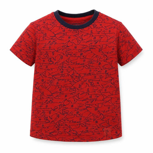 Nutmeg Baby Red Geometric Cotton Basic T-Shirt Size 18-24 Months Crew Neck  - Shark Print