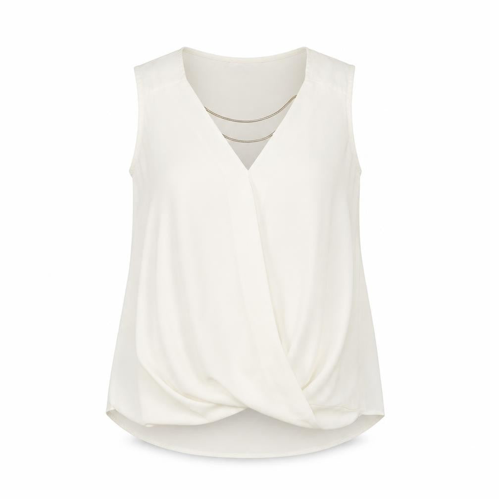 Front view of New Look women’s white polyester basic blouse, size UK 8, v-neck - neckline detail