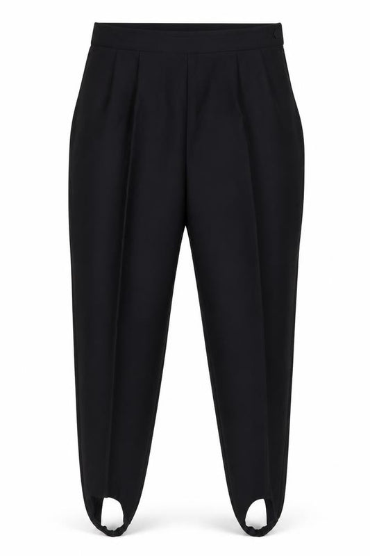 Front view of Preworn women’s black cotton trousers, size UK 16, 26-inch leg regular
