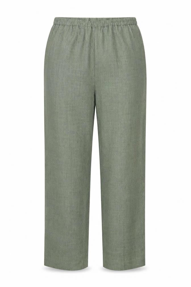Front view of Preworn women’s green polyester trousers, size UK 12, 29-inch leg regular