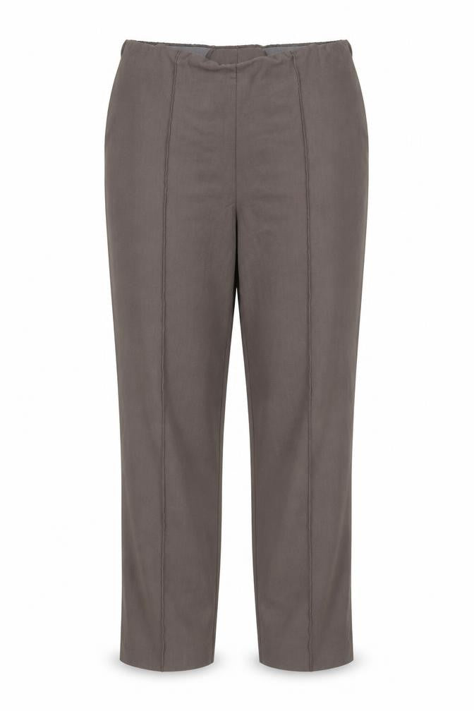 Front view of Bonmarché women’s brown polyester trousers, size UK 14, 27-inch leg regular