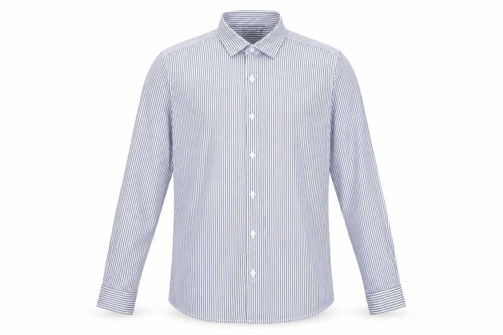 Front view of ASOS men’s blue striped cotton button-up, size M, collared button - blue white stripe