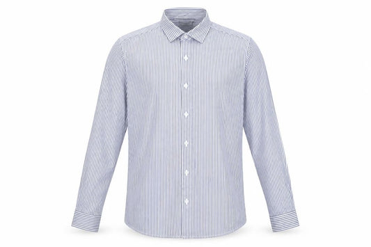 Front view of ASOS men’s blue striped cotton button-up, size M, collared button - blue white stripe
