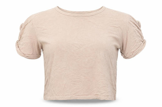 Front view of PRETTYLITTLETHING women’s beige viscose basic t-shirt, size UK 6, round neck - mocha colour turn ups on sleeve