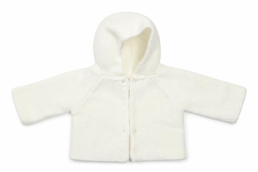 Front view of Nursery Time girls’ ivory acrylic cardigan jumper, size 0-3, months button